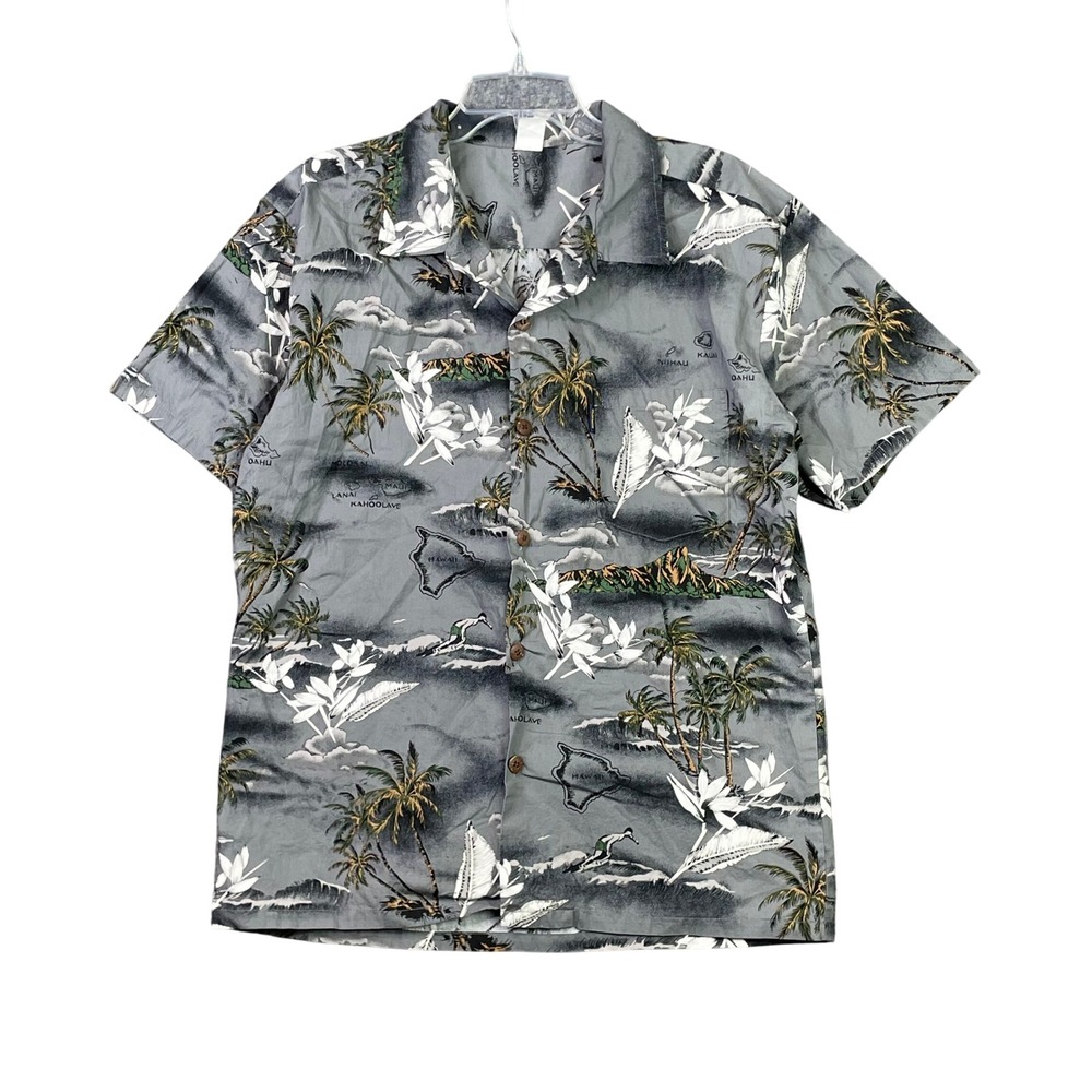 Palmwave Hawaii Shirt Men's Large Grey Island Map Palm Tree Floral Cotton Beach